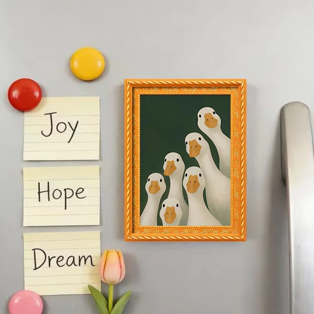 1 cute fridge magnet with six duck pattern, mini frame photo design, small creative frame for hanging pictures, wooden crafts, fun home decoration, original refrigerator magnet indispensable, interesting decorative objects for the house, holiday gift