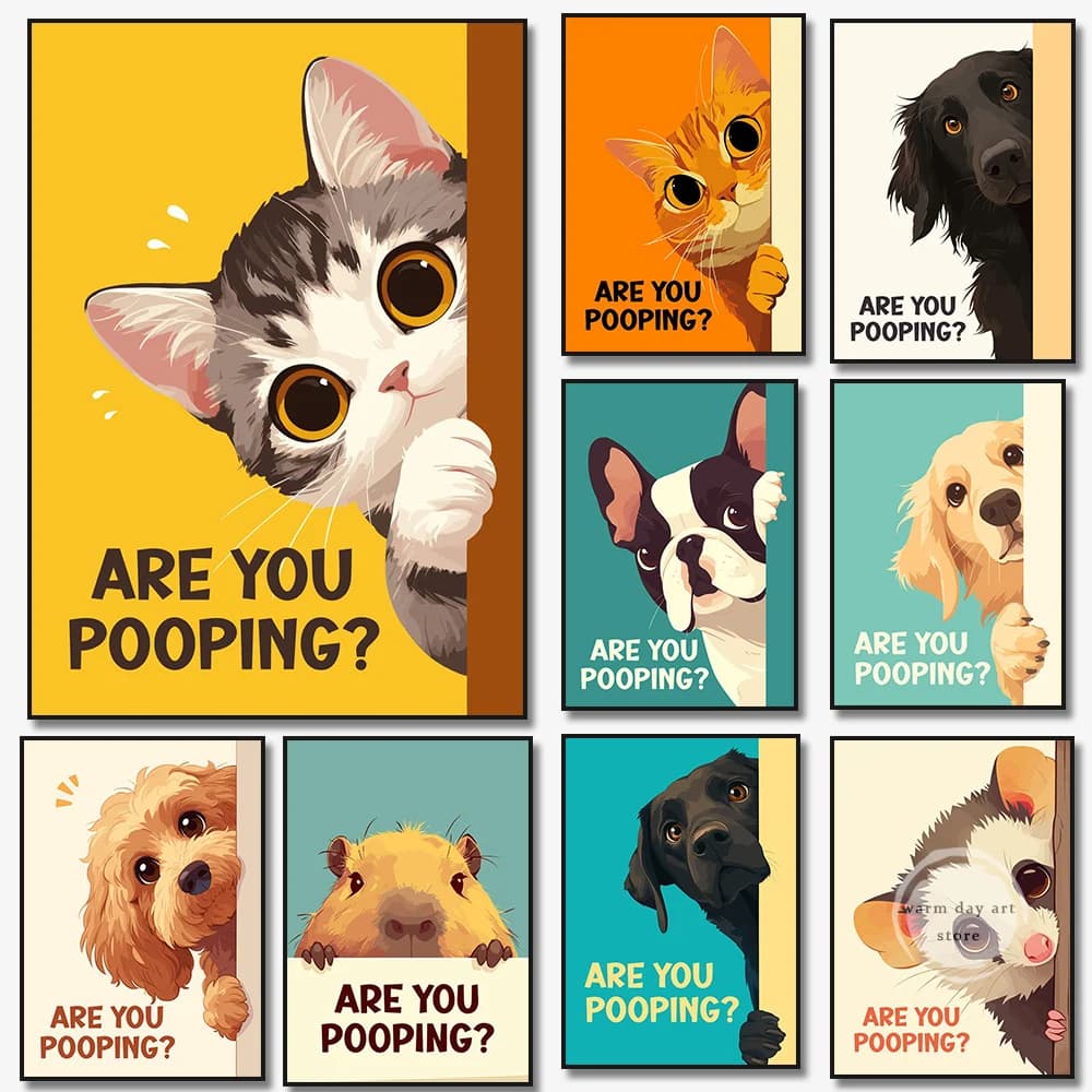 Are You Pooping Poster Divertenti cartelli da bagno Stampe su tela Simpatico cane Gatto Capibara Arte per dipingere immagini murali Decorazioni per la toilette