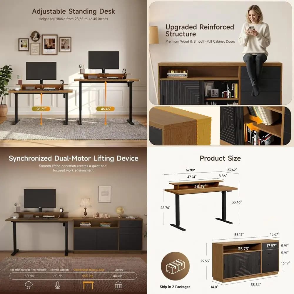 Set di mobili per ufficio domestico, scrivania regolabile in altezza da 63'' con armadietto da 55'', postazione di lavoro direzionale elettrica regolabile in altezza con monitor