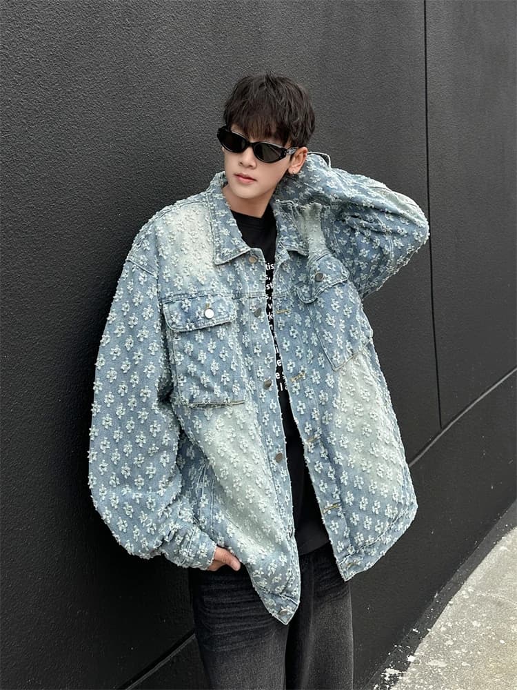 Retro Denim Jacket Coat for Men And Women Washed out Floral Pattern Couple Style Versatile Workwear Shirt Autumn Trend
