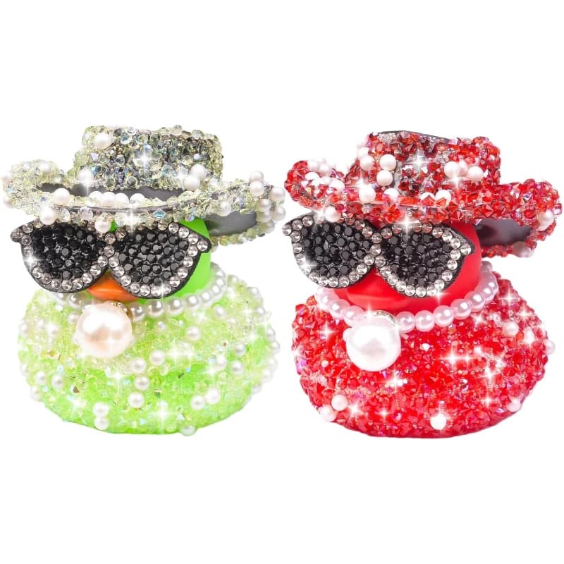 Sparkly Diamond Rubber Duck Car Ornaments Shiny Rhinestones Ducks Car Dashboard Decorations with Cowboy Hat Necklaces Sunglasses
