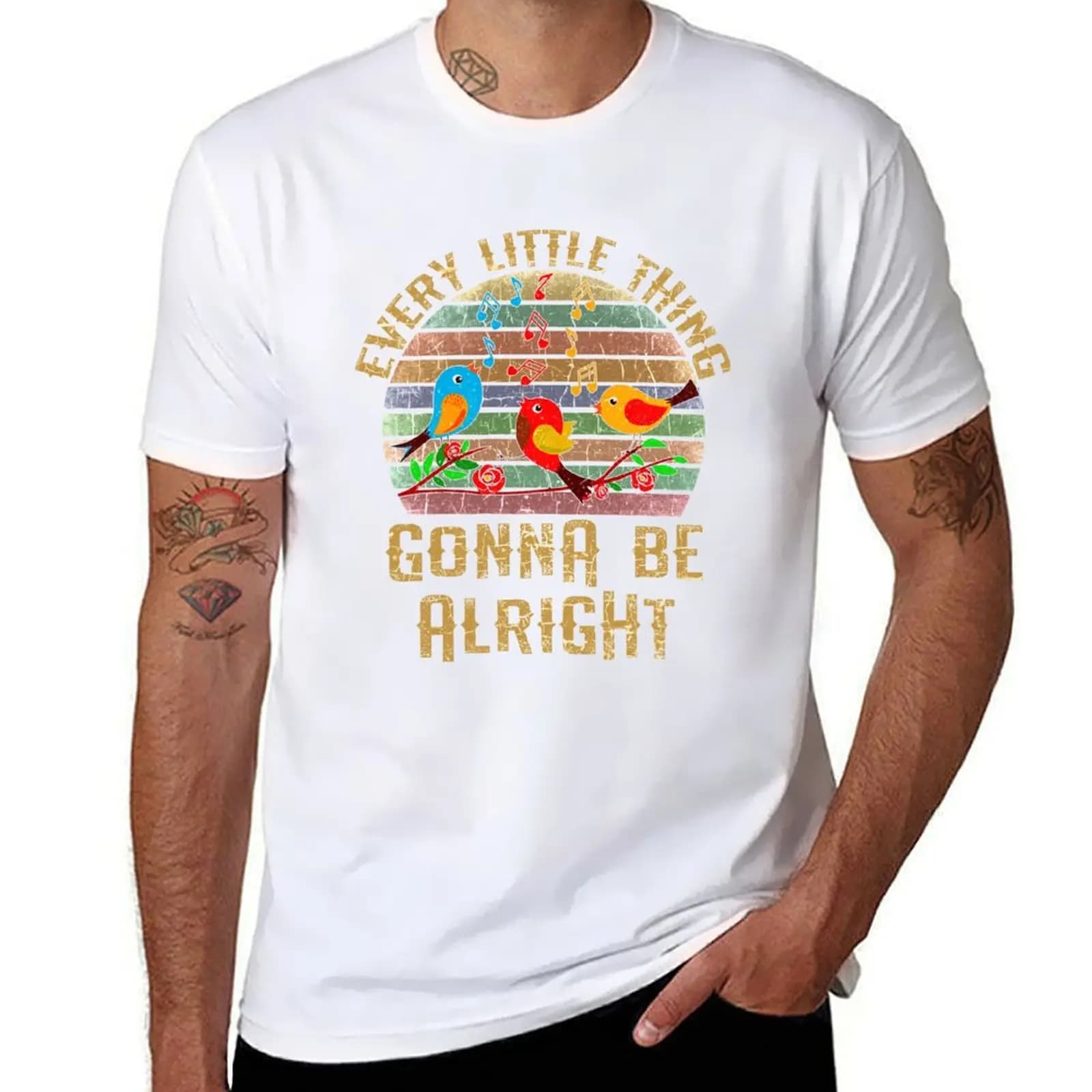 T-shirt a maniche corte casual da festival con stampa Every Little Thing Is Gonna Be Alright Three Birds Singing