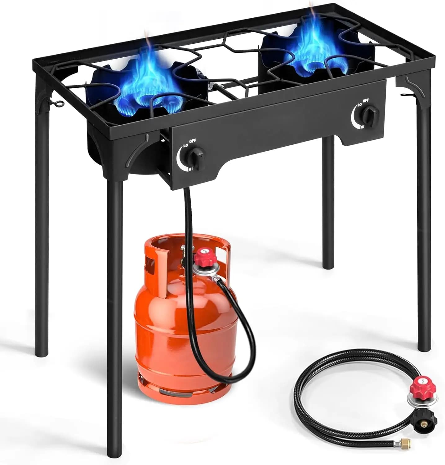 Fornello a gas propano a 2 fuochi per cucinare all'aperto, fornello da campeggio da 150.000 BTU con gambe rimovibili per cucinare, barbecue, cuocere e friggere