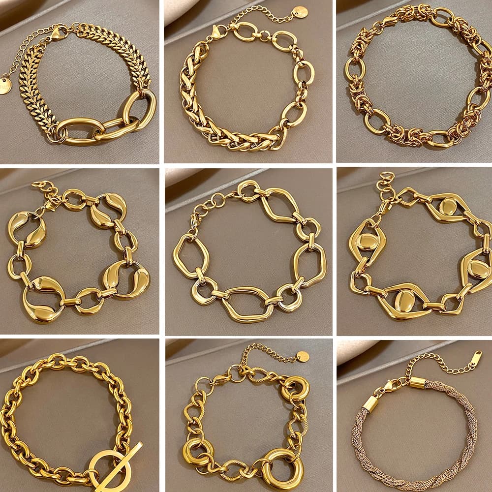 Flashbuy Bracciale a catena spessa geometrica color oro in acciaio inossidabile Dichiarazione Nuovi gioielli di moda da polso di design Regalo