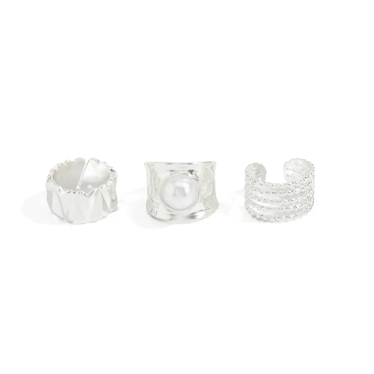 3Pcs/Set Adjustable Irregular Wave Design Open Rings with Elegant Imitation Pearls Thick Fashionable Women's Finger Ring Set