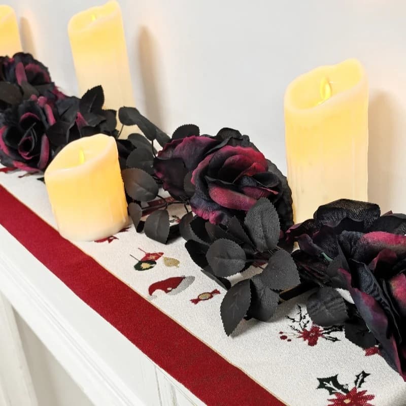 6 Pieces Artificial Silk Flowers, Black Roses with Leaves and Ramesses, Halloween Decoration and Commercial Centers, Dalia Plant Simulation