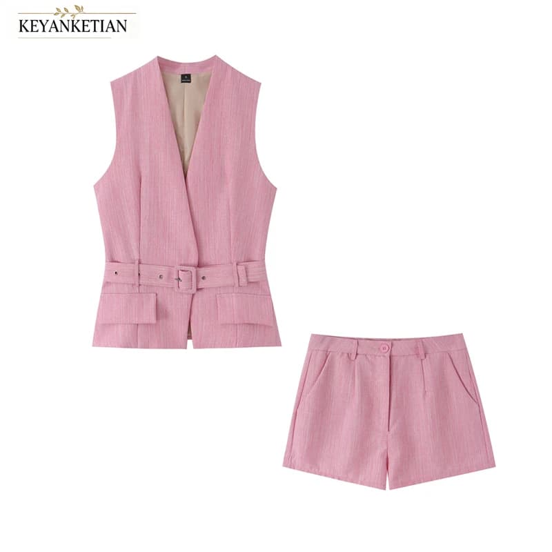 KEYANKETIAN 2026 Korean Chic Pink Waistcoat Short Set V Neck Sleeveless Adjustable Belt High Waist Casual Short Pants Co Ord