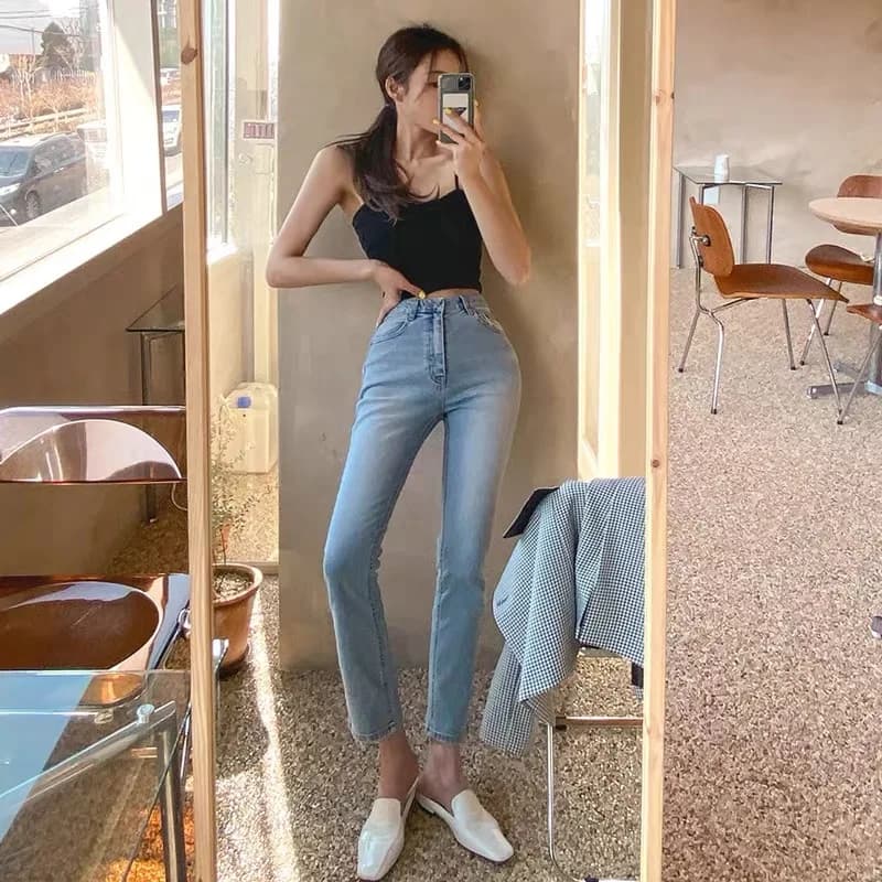 High Waist Straight Leg Jeans Women's Summer Slimming Loose Fit Nine-Tenths High Waist Jeans Cotton Stretch Denim Light Color