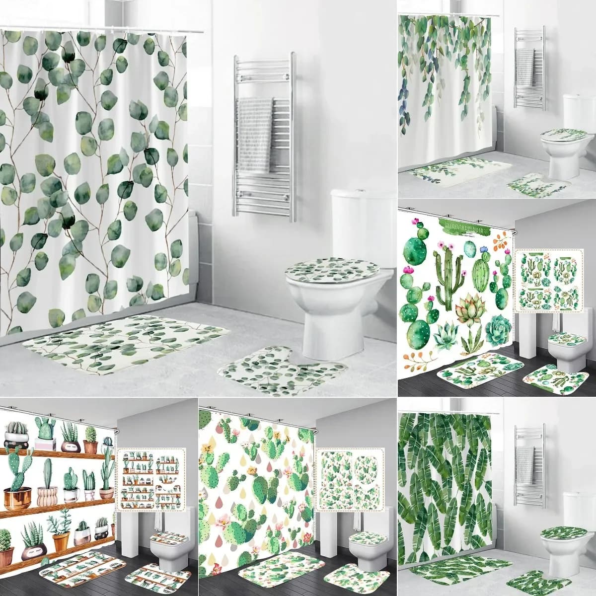 Set di tende da doccia con piante verdi tropicali, foglie, palme, cactus, tende da bagno, set di tappetini da bagno antiscivolo, tappeti per WC, decorazioni per la casa