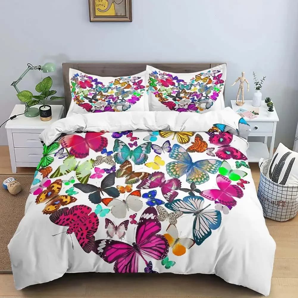 Set copripiumino a farfalla Set copripiumino colorato a forma di cuore con farfalla Set di biancheria da letto in poliestere animale stile fresco primaverile per ragazze