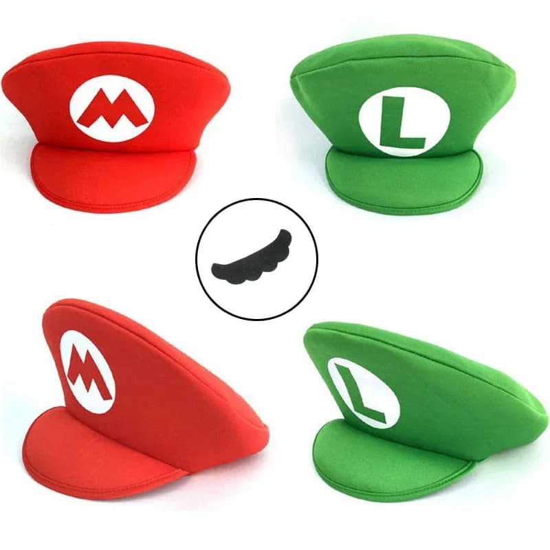 Super Marios Bros Cosplay Cappelli da cartone animato con baffi Cappelli per bambini di Halloween Costumi Anime Figure accessori divertenti per feste