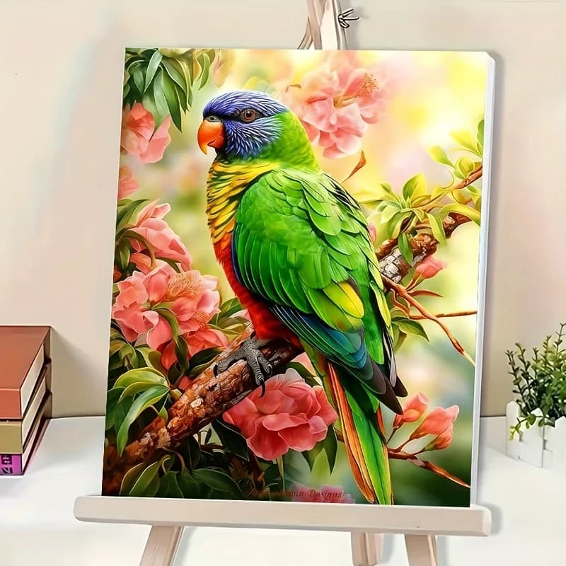 (Professional Art Use) Colorful Parrot Perched Among Pink Flowers 1pc DIY An Adult Paint by Numbers Kit, Including Acrylic Paint