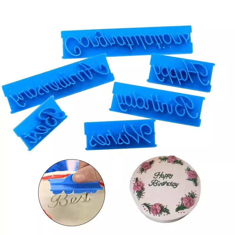 Cake Embosser Tool Set 6-Piece Letter Fondant Stamps for Cake Decorating Handwritten English Birthday Cake Stamps Baking Molds