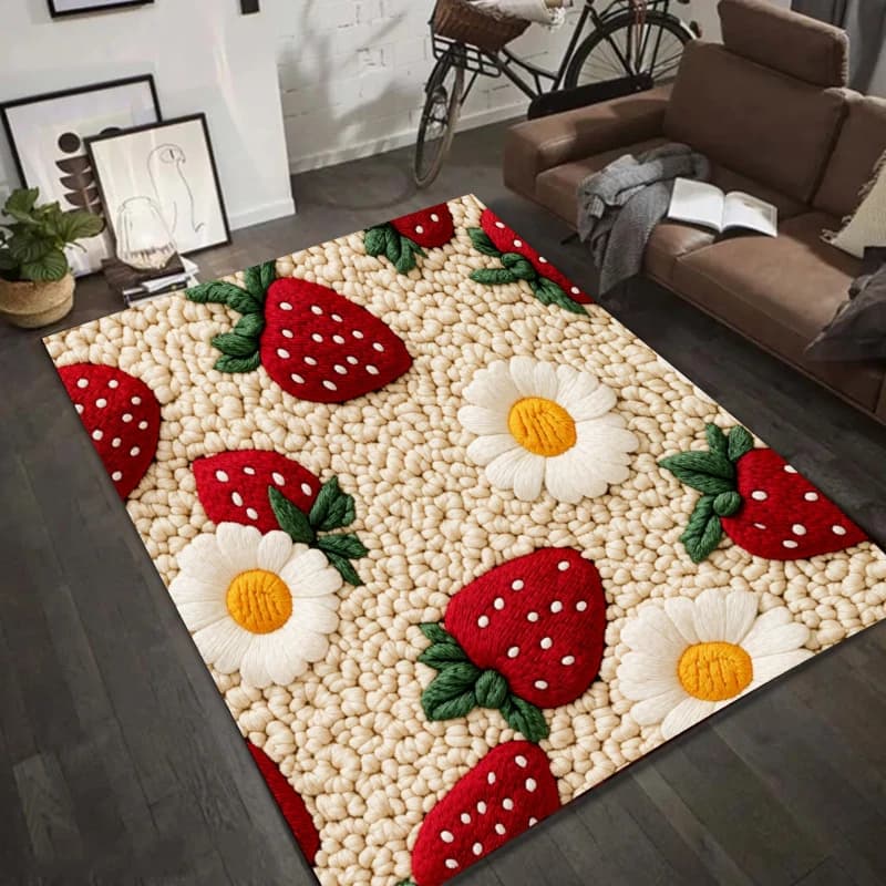 Tappeto 2D a maglia con fragole per camera da letto, simpatico zerbino a forma di frutto rosso, adorabile tappetino a forma di frutta per cameretta bambine e neonati