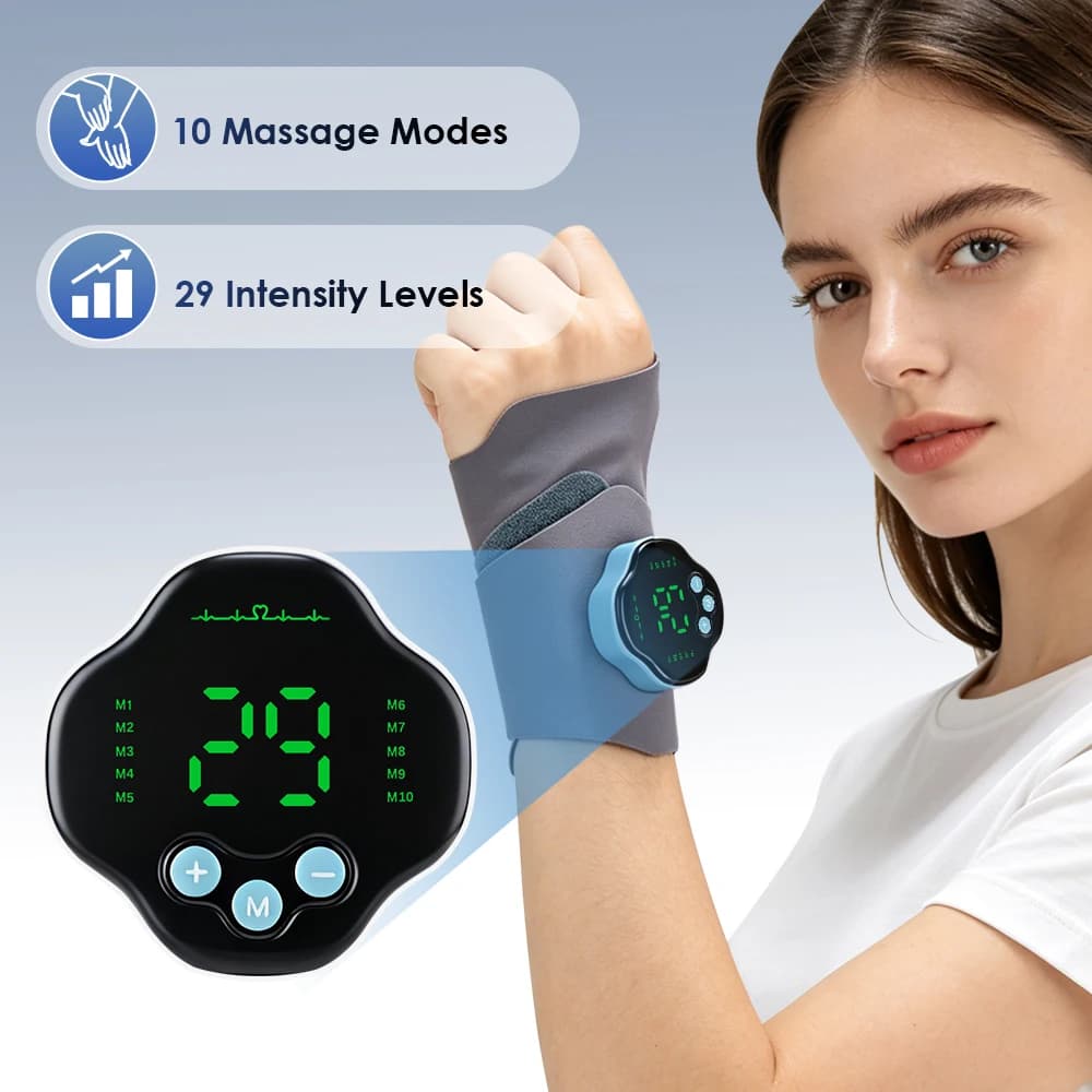 Massaggiatore elettrico per mani a 29 livelli, microcorrente EMS, braccialetto senza fili con batteria integrata da 300 mAh, supporto per il polso.
