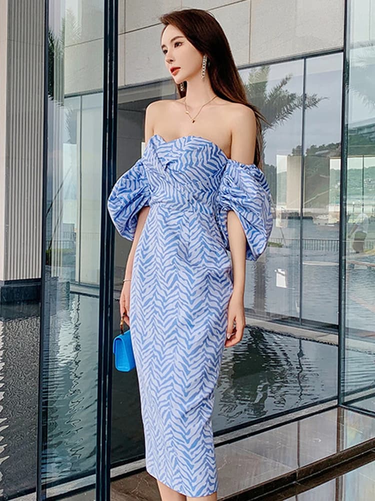 Bohe elegante abito da notte da donna francese vintage blu jacquard senza spalline con spalle scoperte manica a palloncino abito da donna abiti da festa