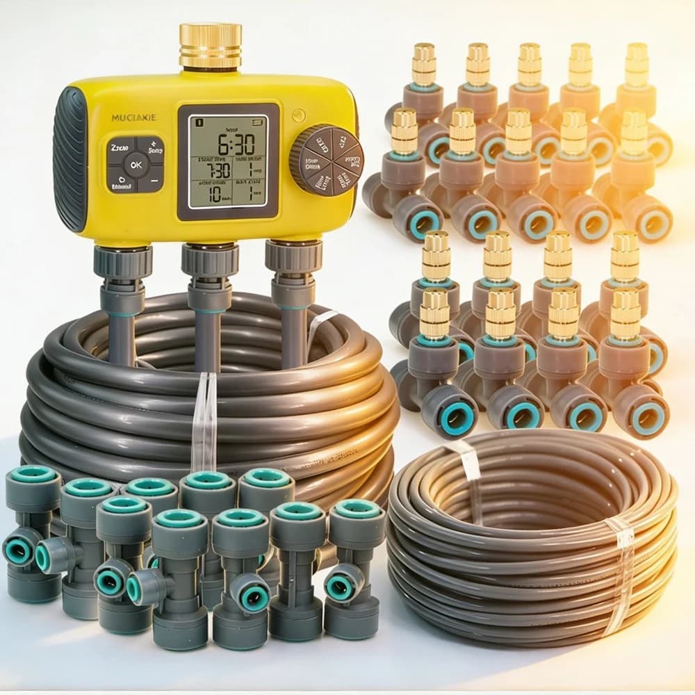 Sistema di irrigazione automatico a 3 zone con timer programmabile, ugello spray, kit nebulizzazione con tubo PE da 1/2" a 1/4" per atomizzazione da giardino esterno