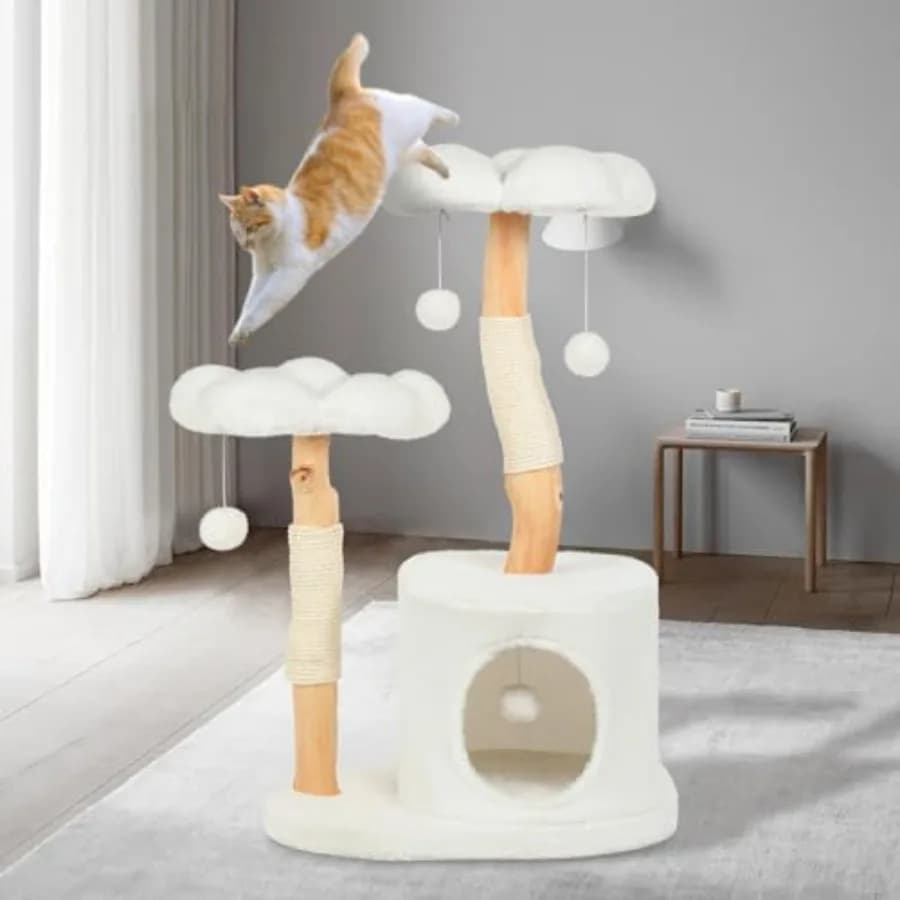 Torre Tiragraffi per Gatti da Interno, in Legno, con 6 Pompon, Design Moderno e Floreale, per Gatti Adulti