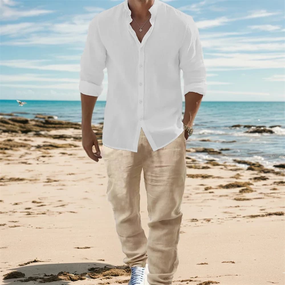 Camicie a maniche lunghe in cotone e lino da uomo Set casual stile basic per le vacanze Tinta unita Leggero e traspirante Completo elegante da uomo