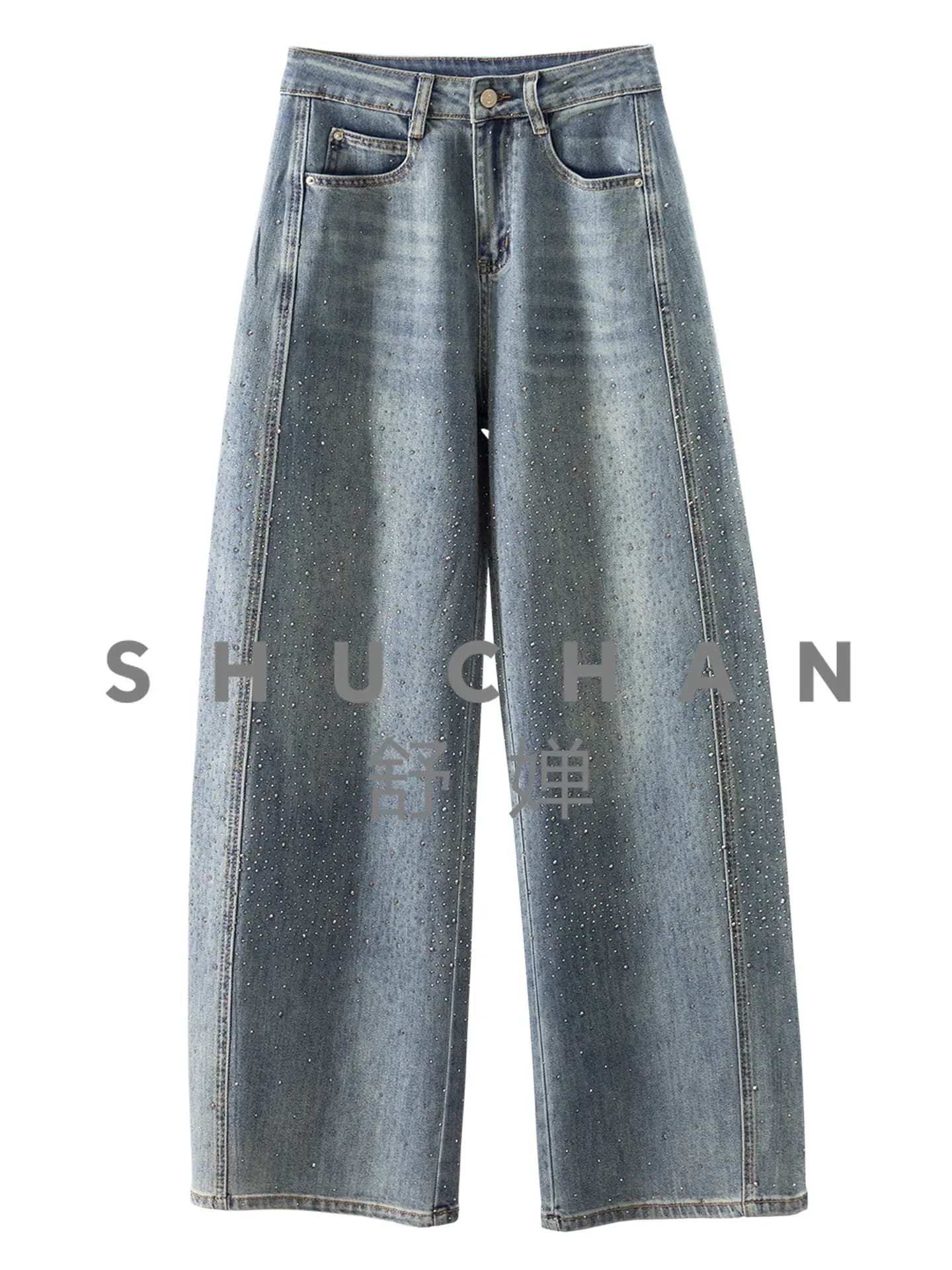 Shining French Trendy Hot Diamond Washed Blue High-waisted Wide-leg Sickle Jeans Women's 88I0