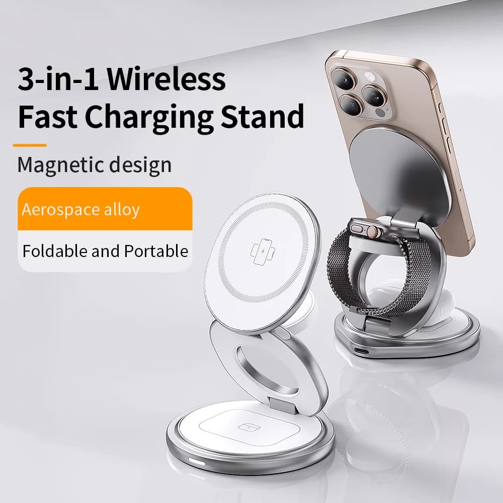 Metal wireless charger Fast charging station 3 in 1 Dock with 360-degree Protable rotation for iPhone 16 15 14 Pro Max Watch Airpods