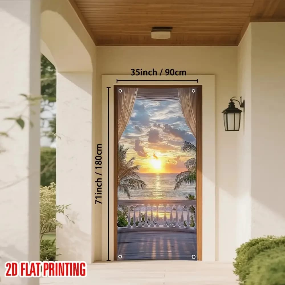 2D planar door curtain featuring sunset sea view - Printed party banner, with tropical beach scene, palm trees and sea view