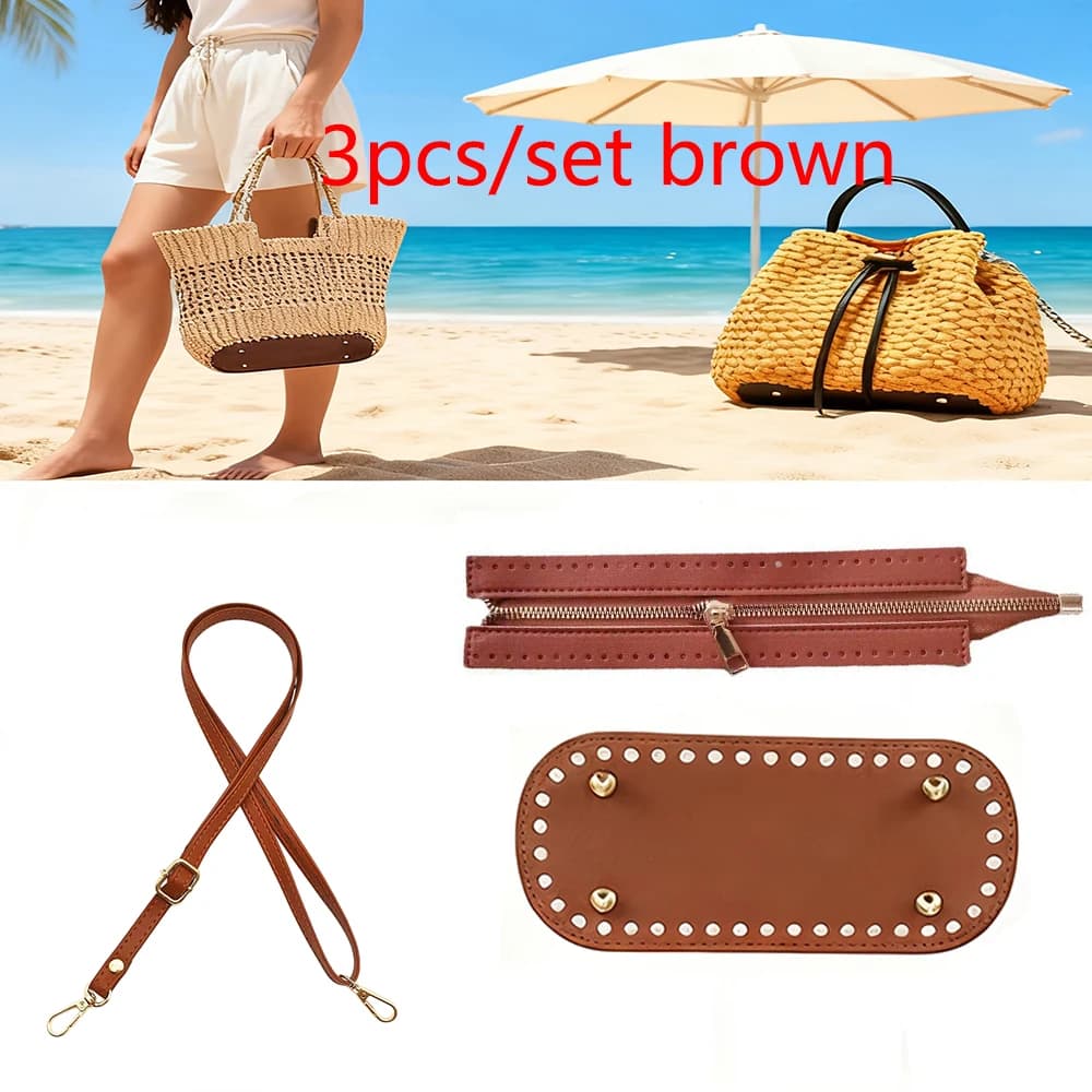3Pcs/Set DIY Bag Making Accessories Set Pu Leather Crochet Bag Handmade Accessories Include Shoulder Strap, Base, and Zipper Closure Pre-Punched Design Makes It Easy for Crocheting and Sewing. Perfect for Making Handbags, Shoulder Bags, and Crossbody Bags, It Is an Ideal Gift Choice for Beginners, DIY Crafters, and Craft Classes. Available in Beige, Black, and Brown.