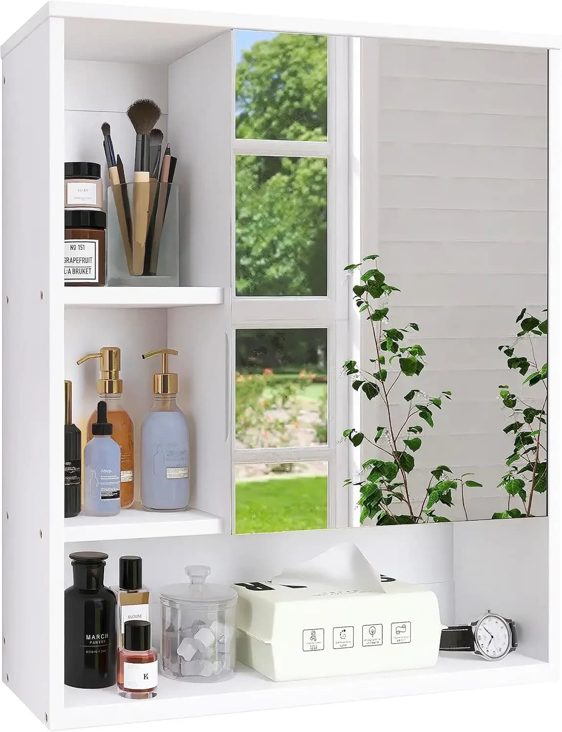 Bathroom Mirror Cabinet Wall Mounted, Bamboo Space Saver Medicine Cabinet, Wall Hanging Over Toilet Storage Cabinet with Mirror