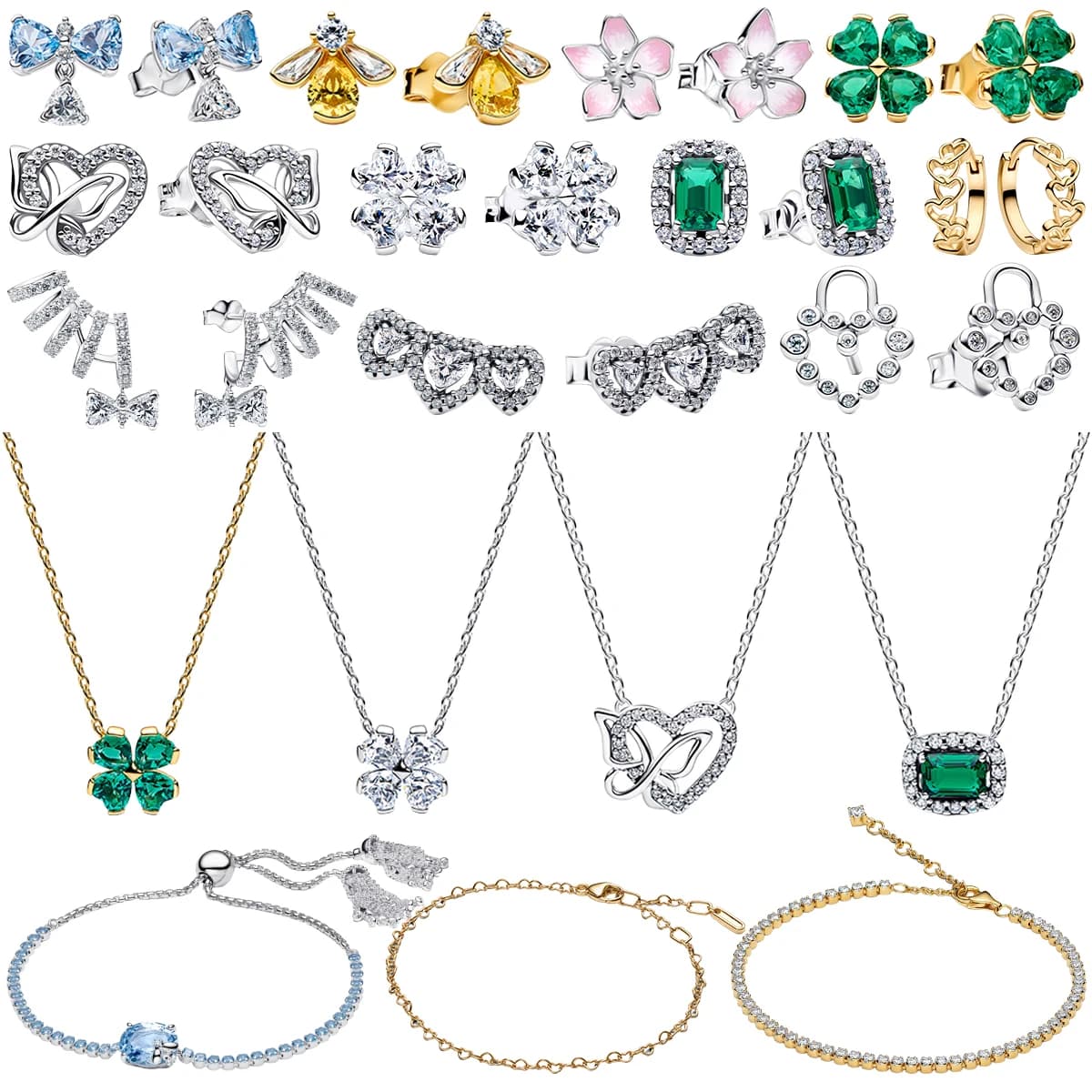Orecchini a perno in Argento 925 con pavé di gemme, trifoglio, fiore di ciliegio, smeraldo quadrato e ape; Collana con ciondolo a nodo a cuore; Bracciale regolabile