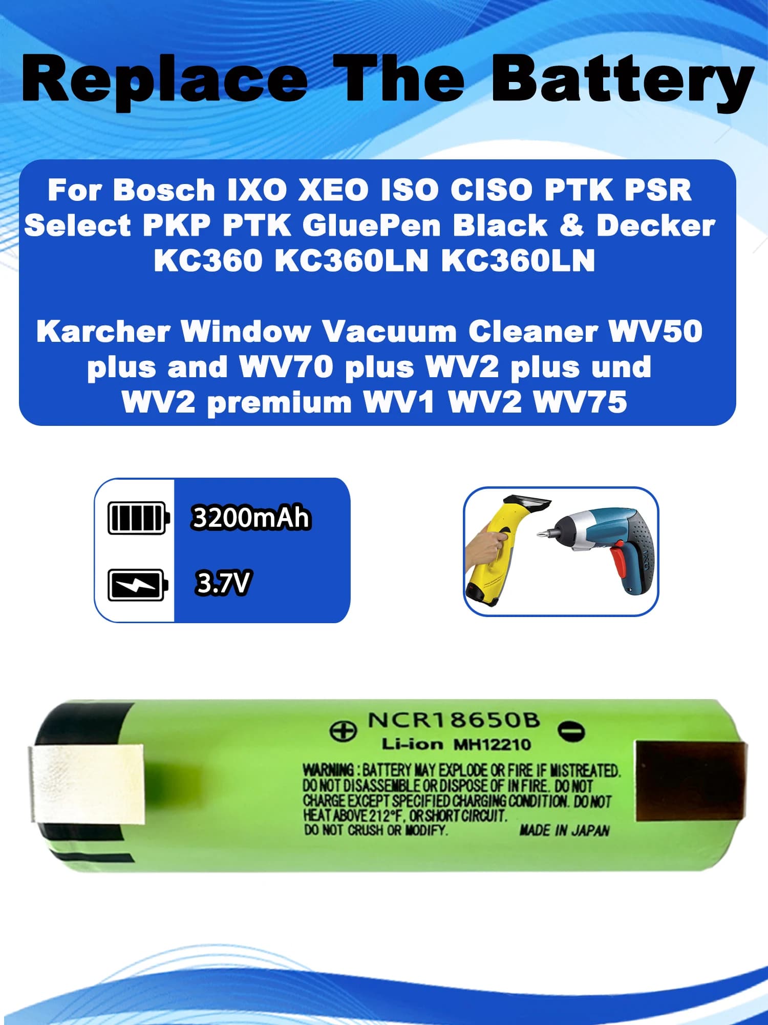 Batteria da 3,7 V 3200 mAh per BOSCH DIY EasyPrune, GluePen, Grasscheren-Set Isio, ISO, IXO, PKP 3, PSR Select, PTK 3, XEO KC460LN