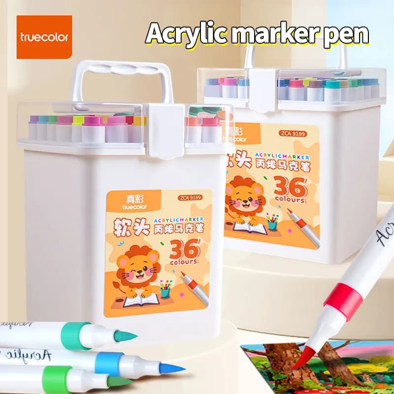 Pennarelli Acrilici Truecolor con Punta Morbida, Confezione in Secchio, Penne per Pittura, Materiali per Disegno Artistico, Cancelleria Portatile