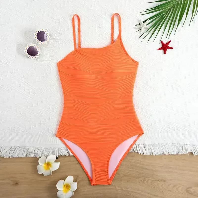 Full swimsuit with 2026 girls straps, solid color, orange, for swimming and beach
