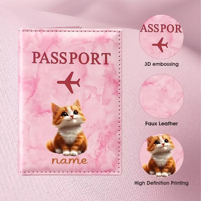 Custom Name Cute Cat Illustration Passport Holder, Featuring an Adorable Orange and White Cat Design with Handwritten Name Text