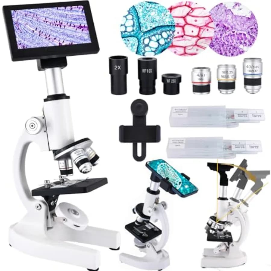 Microscopio con Ingrandimento 40X-2500X, Oculari Grandangolari HD, Display da 4 Pollici ad Alta Risoluzione con Luce LED 3, Osservazione da Cellulare