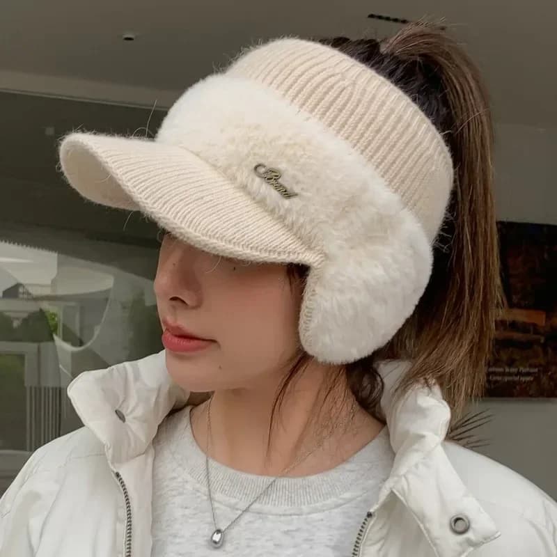 Cappelli invernali per le donne 2023 nuova moda inverno caldo paraorecchie cappello lavorato a maglia berretti da baseball sport all'aria aperta antivento coda di cavallo cappello visiera