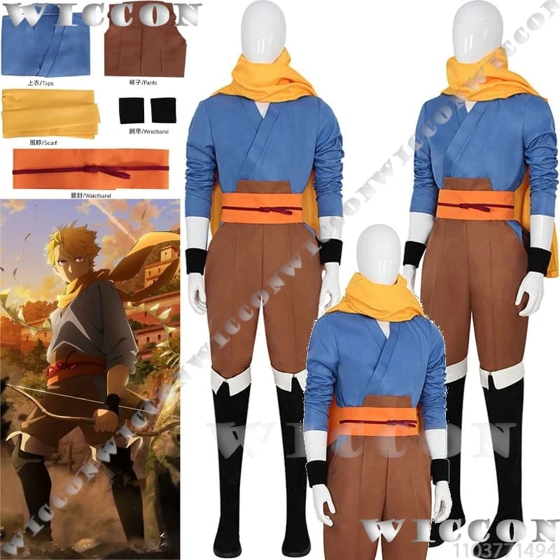 Yuru 2026 Nuovo Costume Cosplay Anime Demoni del Regno delle Ombre, Top Blu, Pantaloni Marroni, Scarpe Nere, Sciarpa Gialla, Halloween Uomo
