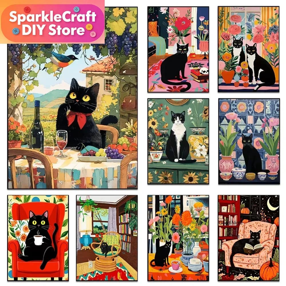 1pc frameless Cartoon Black Cat Colorful Floral Diamond Painting Mosaic Diamond Embroidery Handmade Art Exquisite Gift Home Dec