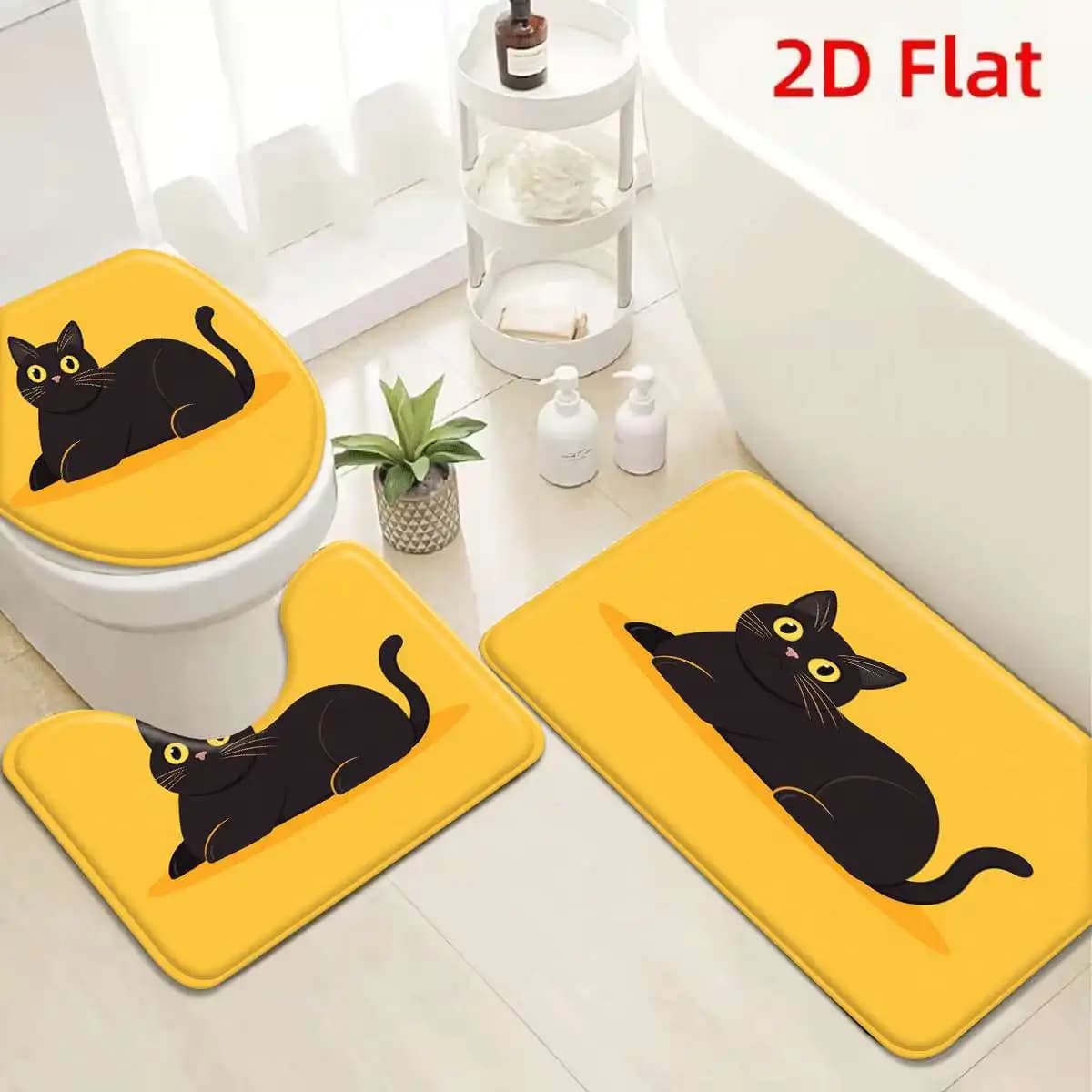 Set 3 Pezzi Tappetino da Bagno Gatto Giallo e Nero Antiscivolo Assorbente con Copri WC per Bagno, Base in Flanella Lavabile