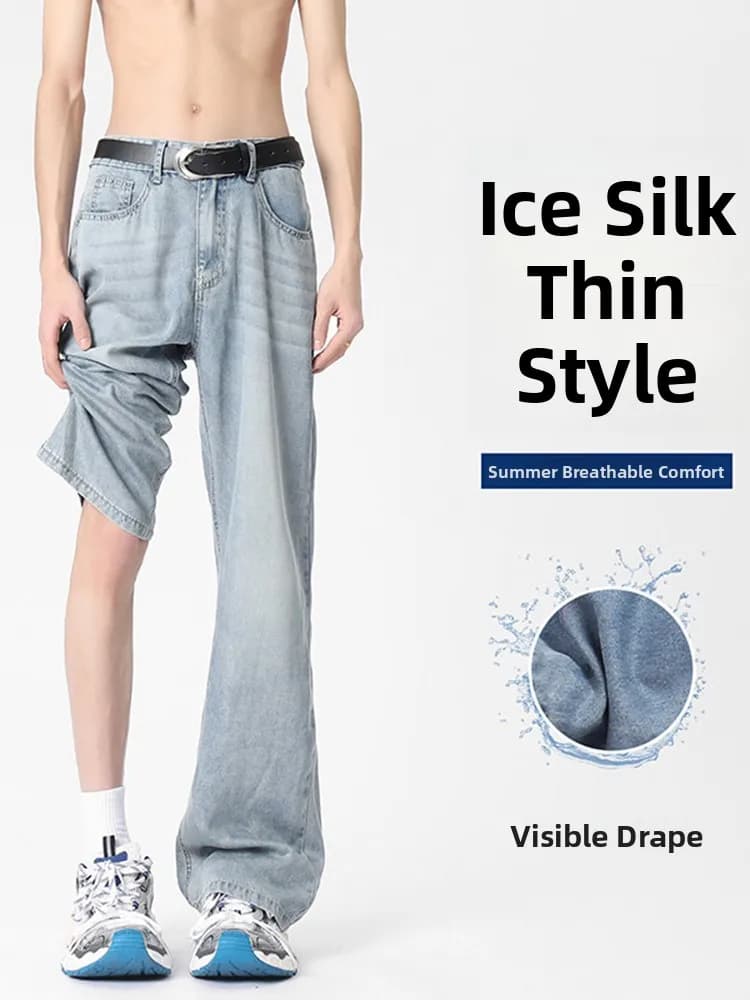 Jeans American Sle Ice Silk da uomo, estivi, sottili, a gamba dritta, pantaloni snellenti, di marca trendy Haome Street Sle, a zampa d'elefante, drappeggiati.