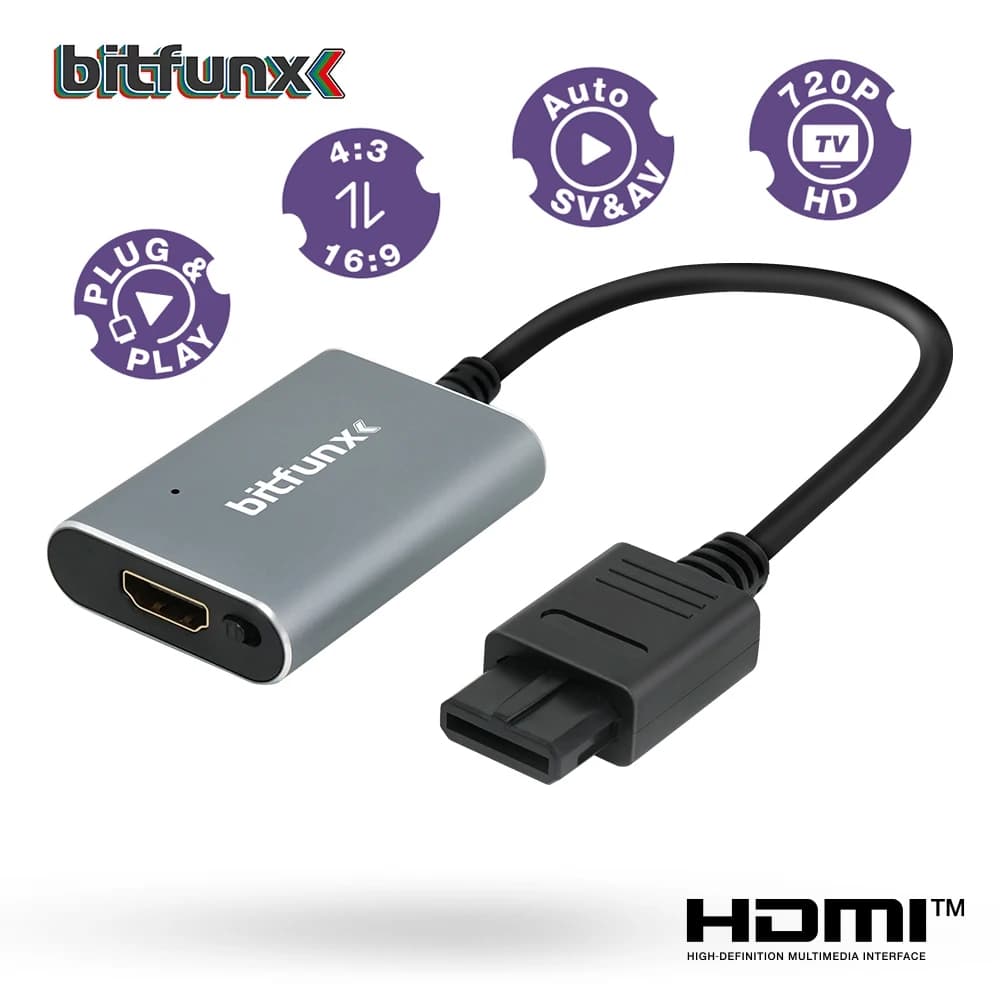 Bitfunx 720P HDMI ™ Adattatore S-video SV/AV HDTV Convertitore per NTSC PAL N64 SNES SFC NGC Console di gioco Aspect Rapporto Switch