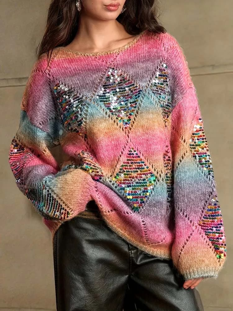 Giacca in Lana da Donna con Collo a Girocollo, Motivo Arcobaleno, Design con Ricamo a Motivo Diamantato Perlato