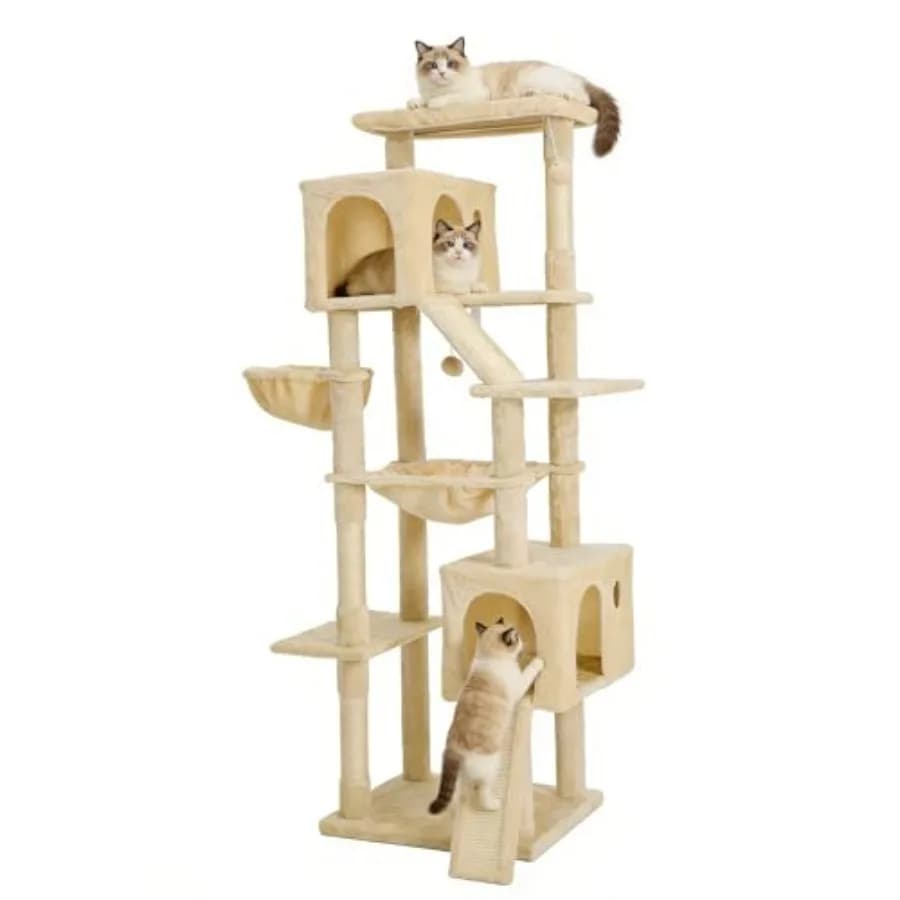 Albero per Gatti Multi-Livello da 68,9 Pollici con 2 Tiragraffi, 2 Letti Morbidi, Amaca e Palla Giocattolo per Gatti da Interno, Beige