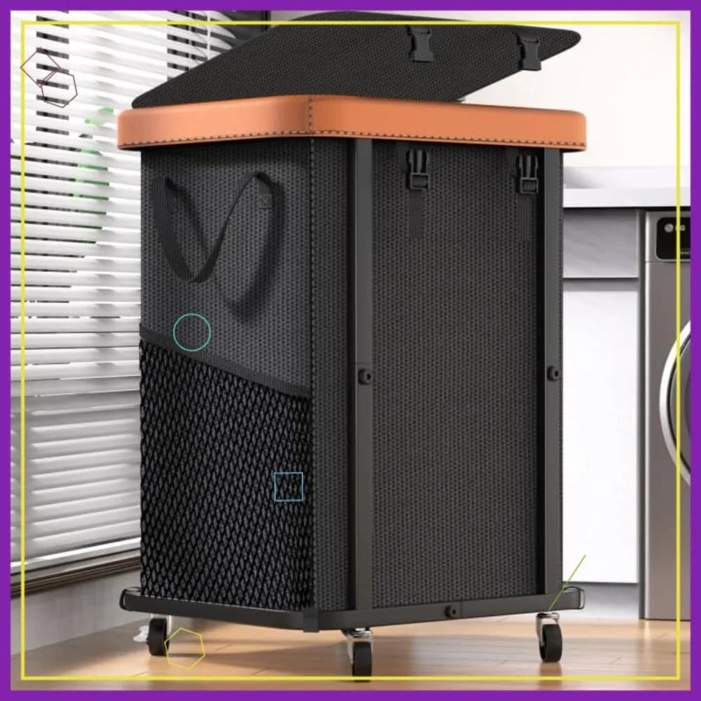 Basket with 150L Wheels, Robust Metal Frame, Removable Bag and Washable for Bedroom or Laundry - Black