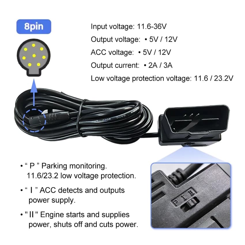 Car fuse box cable, OBD cable, USB cable, 8 pin connector for Dash Cam