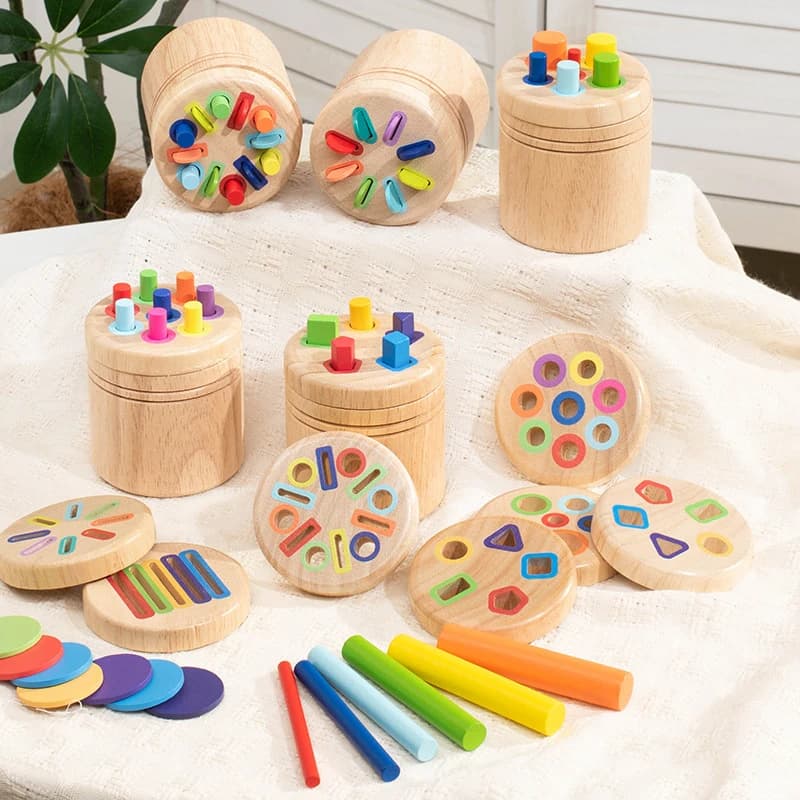 Montessori Wooden Shape Sorting Barrel Kids Color Shape Matching Hand Eye Coordination Early Educational Toy