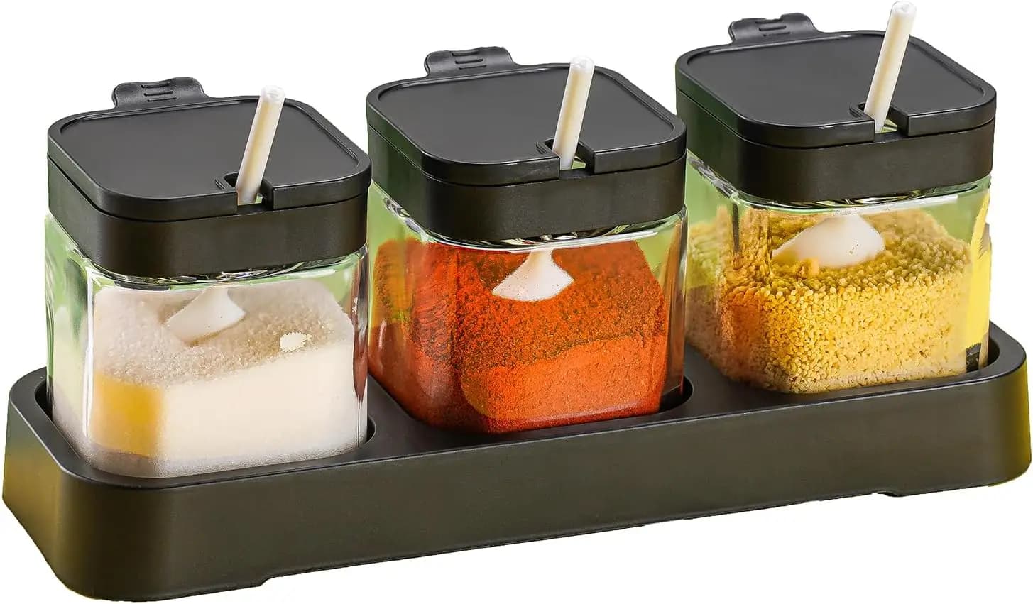 Set di 3 Barattoli in Vetro per Spezie con Coperchi, Cucchiai e Vassoio - Contenitori Trasparenti da 325ml per Sale, Zucchero, Pepe