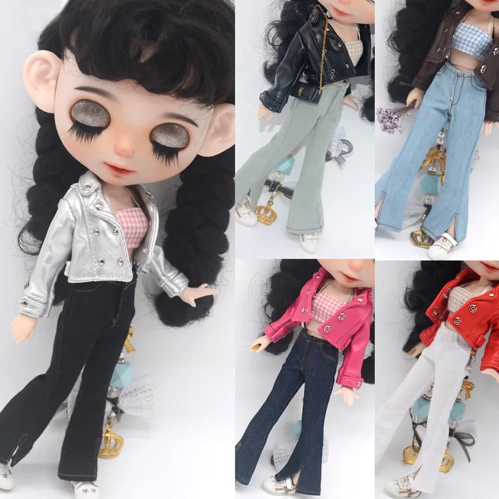 28-30cm Blyth Doll Clothes Azone OB24 Fashion Leather Jackets Jeans Pants Waved Tube Top Accessories Toys Gift For Girls