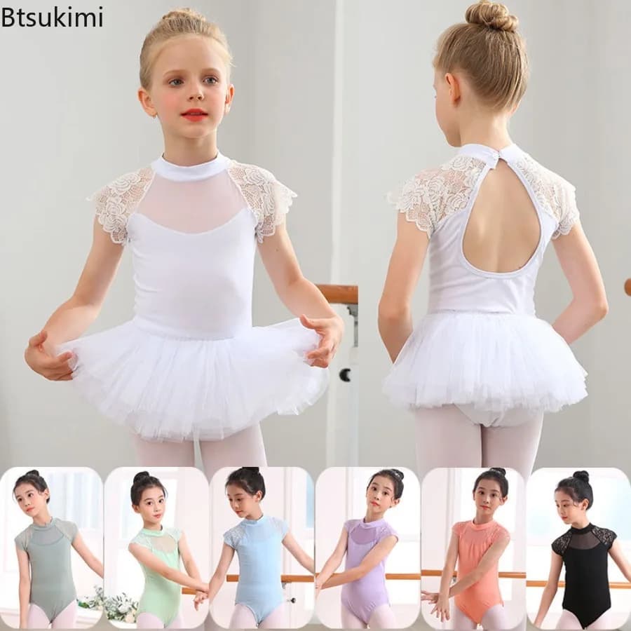 2026 New Girls Ballet Leotards Kids Mock Neck Dance Bodysuit Lace Raglan Sleeve Hollow Back for Kids Practice Stage Performance