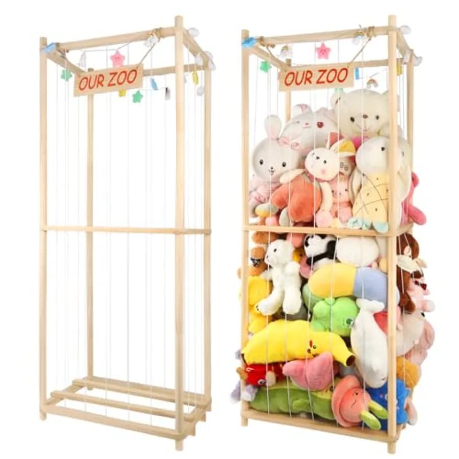Organizzatore in Legno per Peluche, Gabbia Porta Peluche da 63 Pollici, Torre Porta Giocattoli di Peluche con Luci