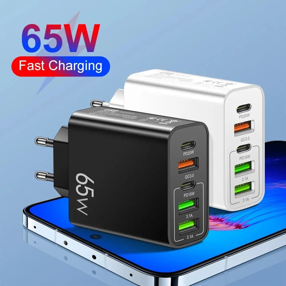 65W 5 Ports USB C Charger Fast Charging Phone Charger Power Adapter For iPhone Samsung Xiaomi Type C Quick Charge Wall Charger